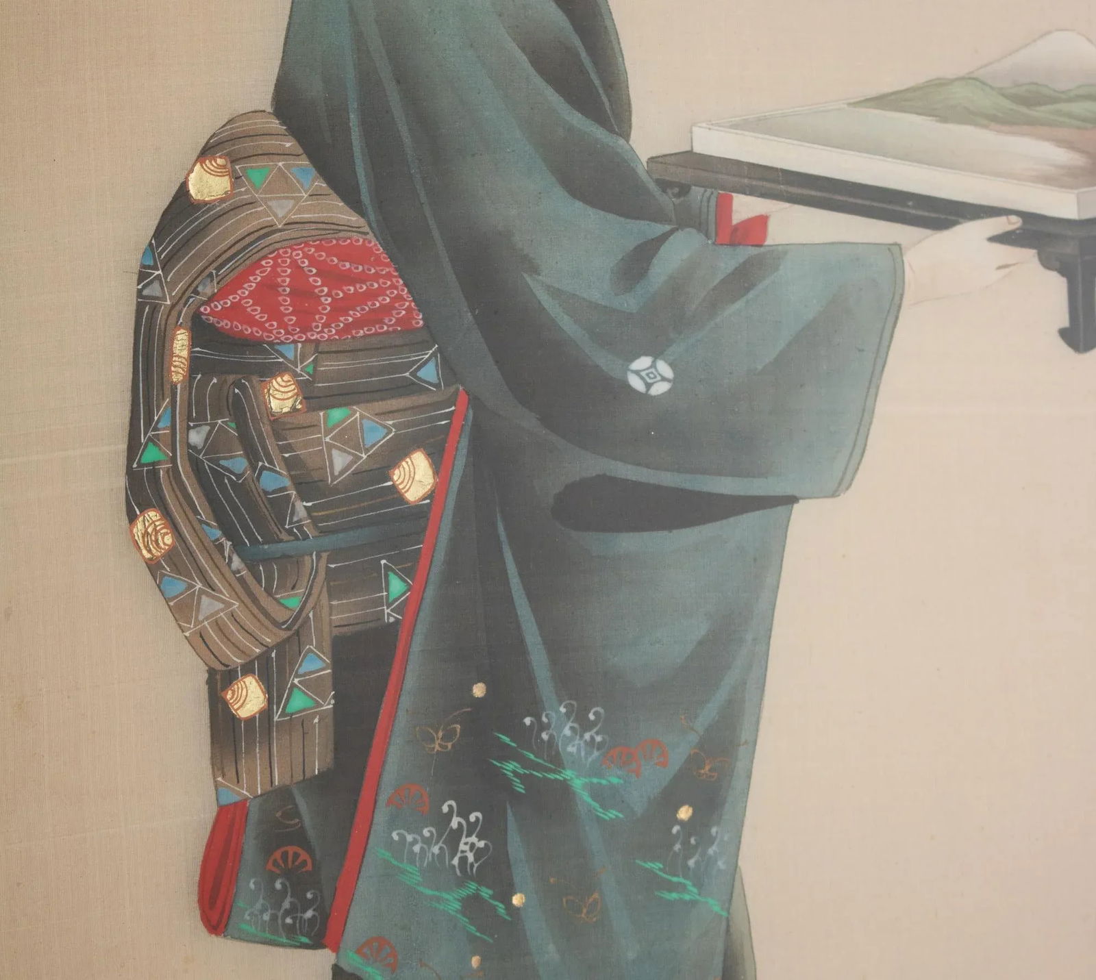Early 20th Century Meiji to Early Showa Japanese Watercolor Painting of a Woman Carrying Mt Fuji on - 6