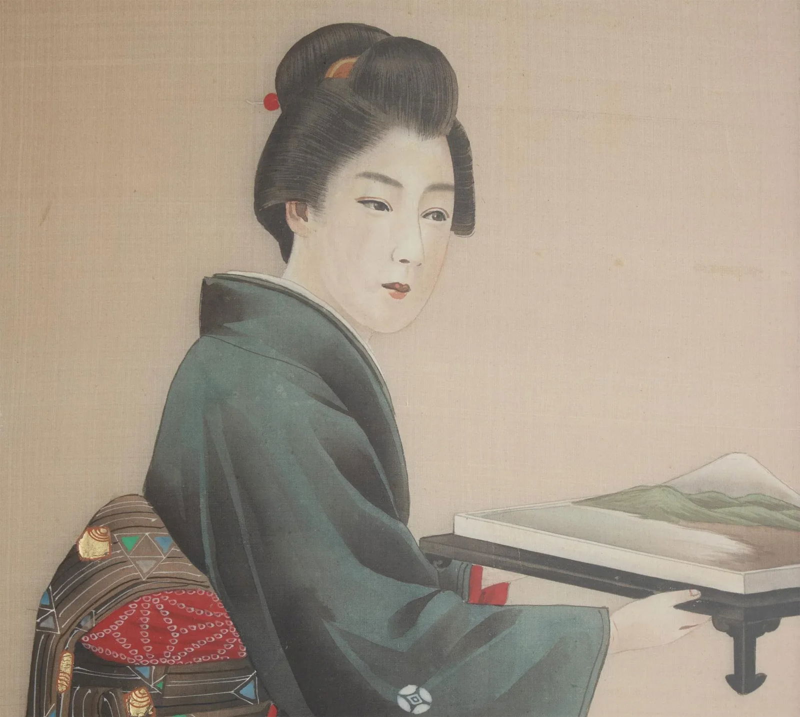 Early 20th Century Meiji to Early Showa Japanese Watercolor Painting of a Woman Carrying Mt Fuji on - 9