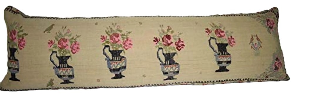 Vintage Flatweave Kilim Rug Pillow With Embroidered 18'' X 57'': This handwoven kilim pillow is made from Anatolia and Middleast Kilim fragments. Each of our kilim pillow cover is cut from an old kilim. 18'' x 57'' (45 x 145 Cm) Back part of the kilim cushions are