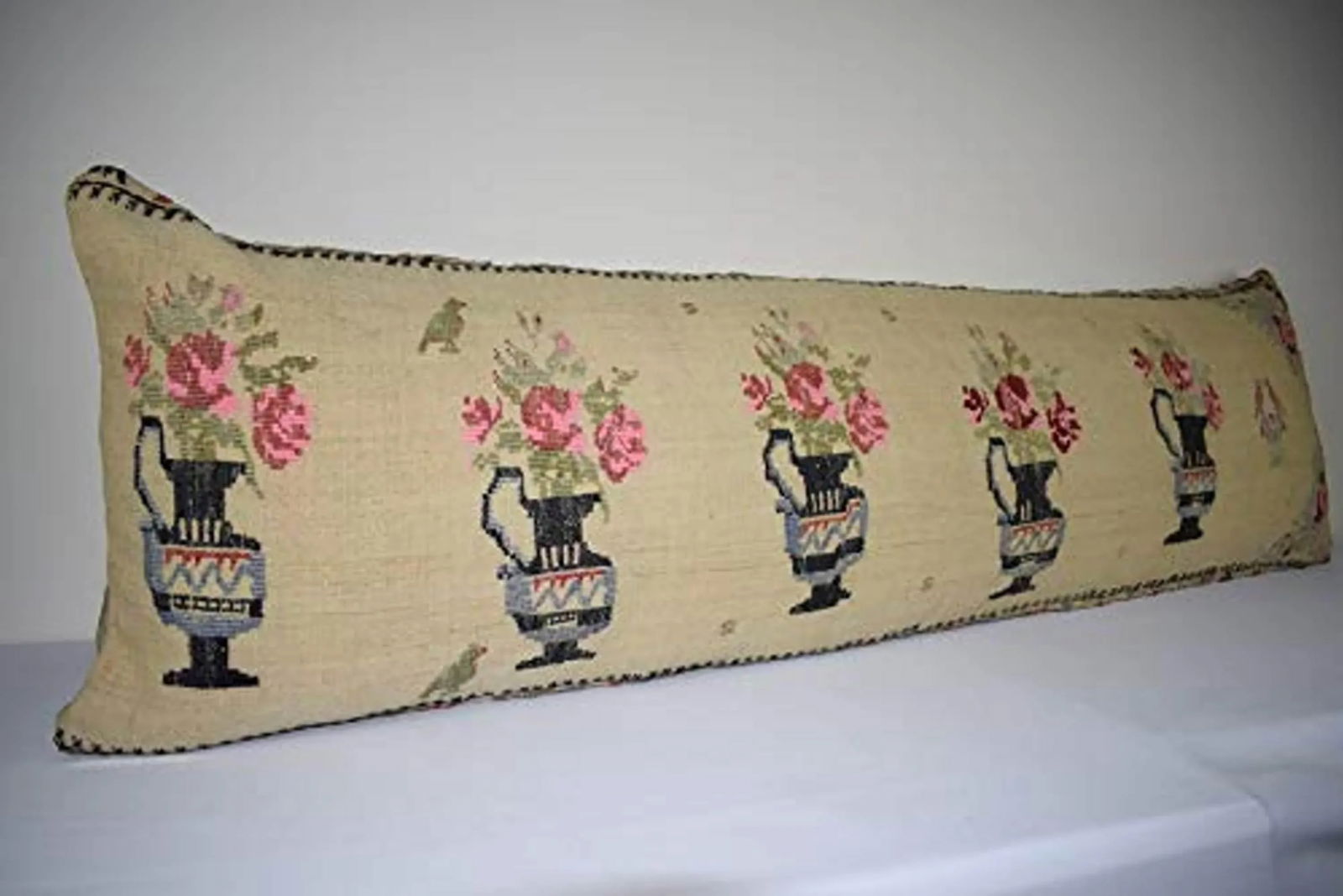 Vintage Flatweave Kilim Rug Pillow With Embroidered 18'' X 57'' - 2