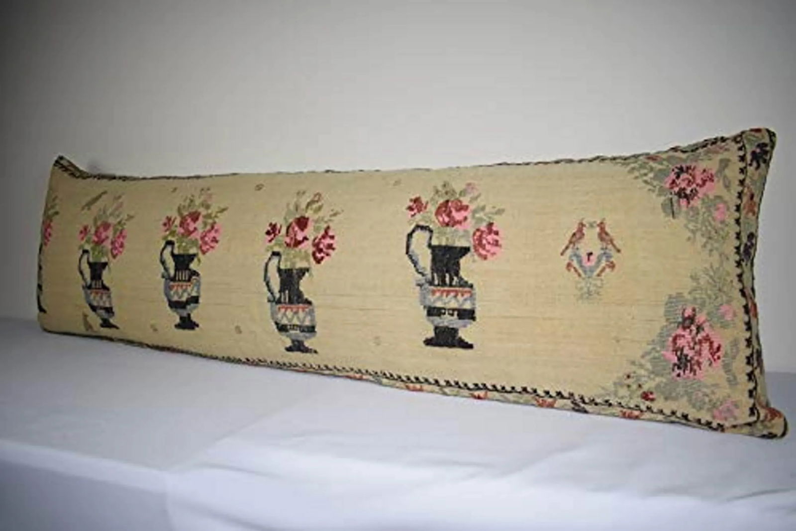 Vintage Flatweave Kilim Rug Pillow With Embroidered 18'' X 57'' - 3