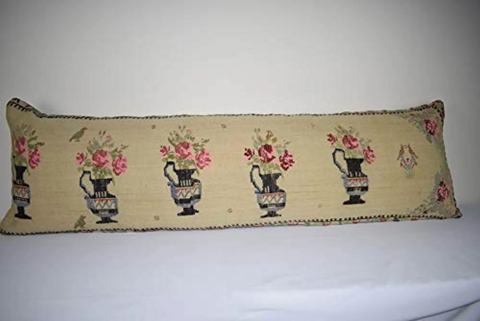 Vintage Flatweave Kilim Rug Pillow With Embroidered 18'' X 57'' - 5