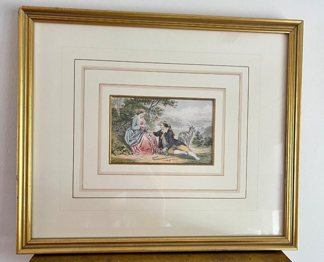 Vintage Victorian Courting Couples Framed Baxter Method Oil Print Engravings by Joseph Kronheim - Se - 10