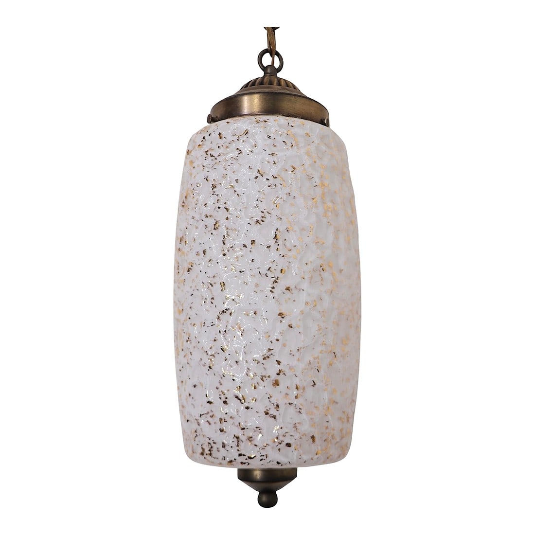 Mid Century Spatter Decorated Gold and White Hanging Pendant Globe Shade Chandelier: Mid Century hanging pendant globe, having a white body, a textured surface with gold spatterware like highlights. The chandelier includes the original chain, canopy and cap - it is in clean,