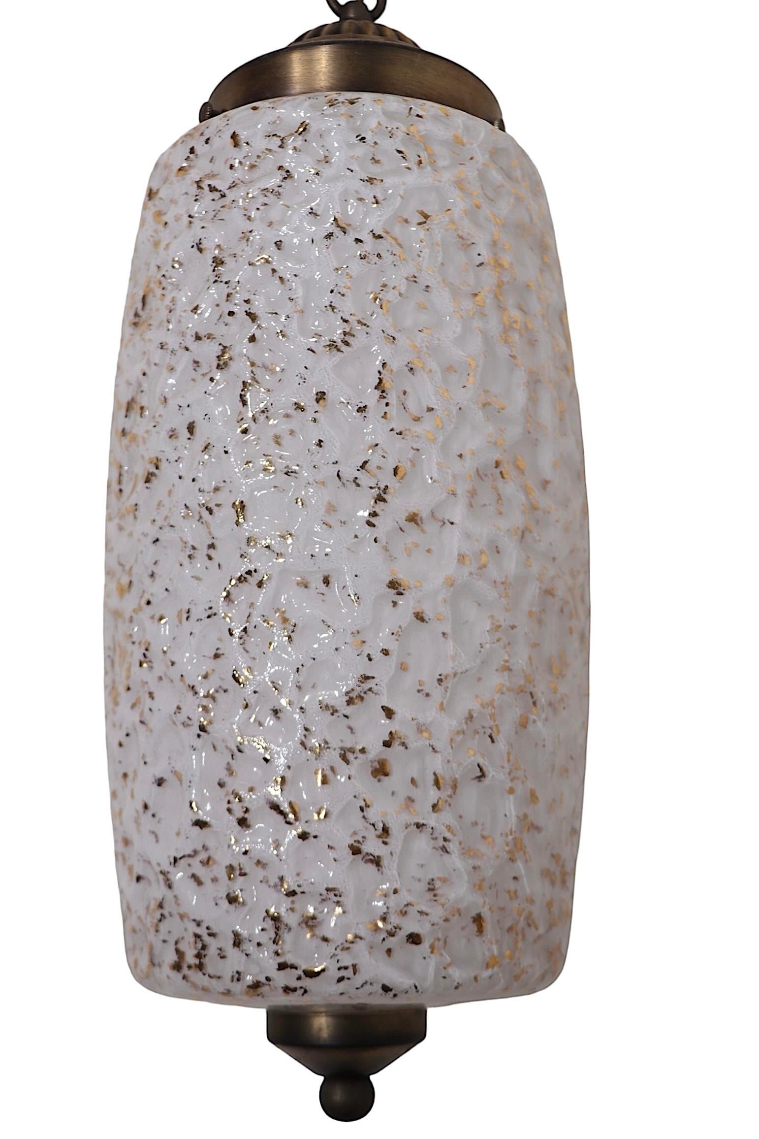 Mid Century Spatter Decorated Gold and White Hanging Pendant Globe Shade Chandelier - 3