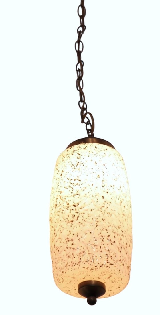 Mid Century Spatter Decorated Gold and White Hanging Pendant Globe Shade Chandelier - 7