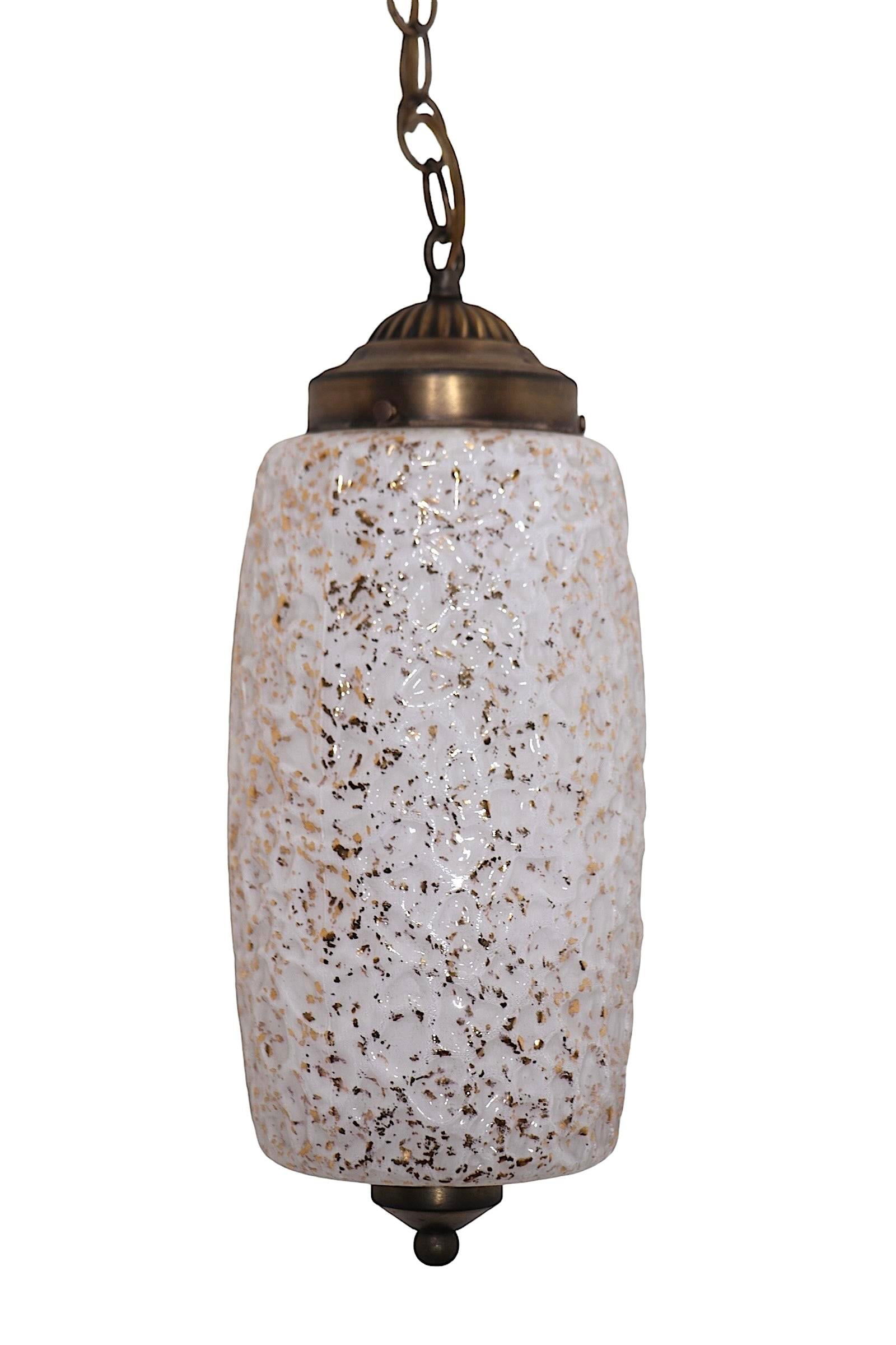 Mid Century Spatter Decorated Gold and White Hanging Pendant Globe Shade Chandelier - 8