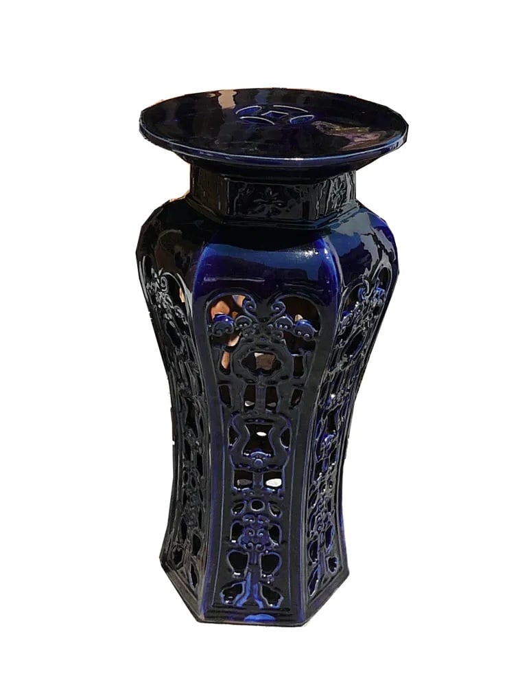 Ceramic Clay Navy Blue Round Tall Pedestal Stand - 2