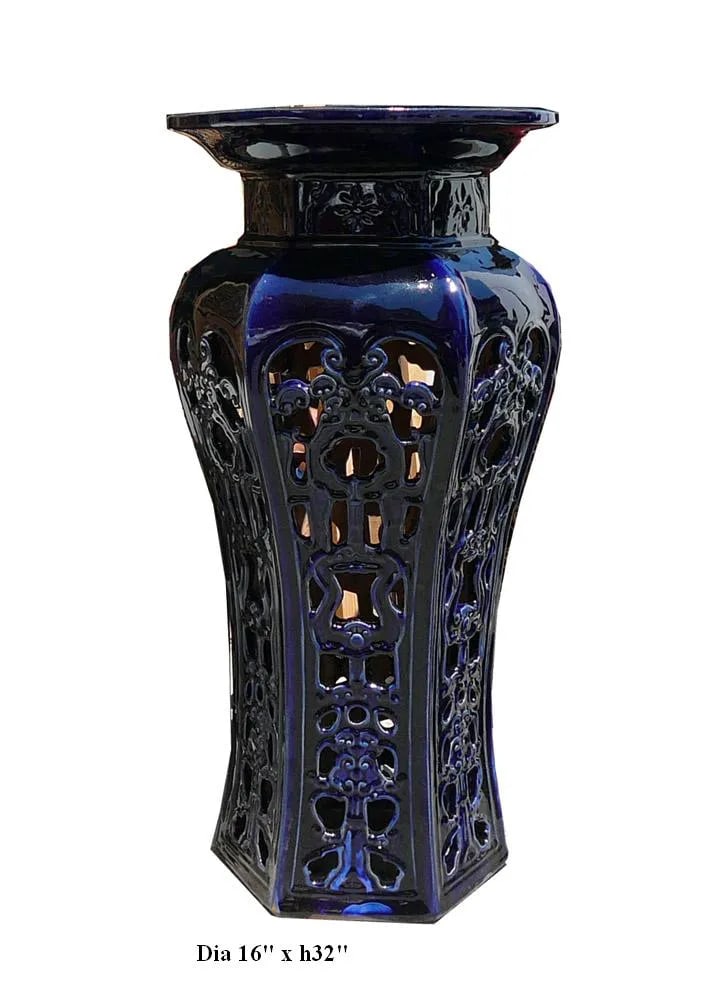 Ceramic Clay Navy Blue Round Tall Pedestal Stand - 3