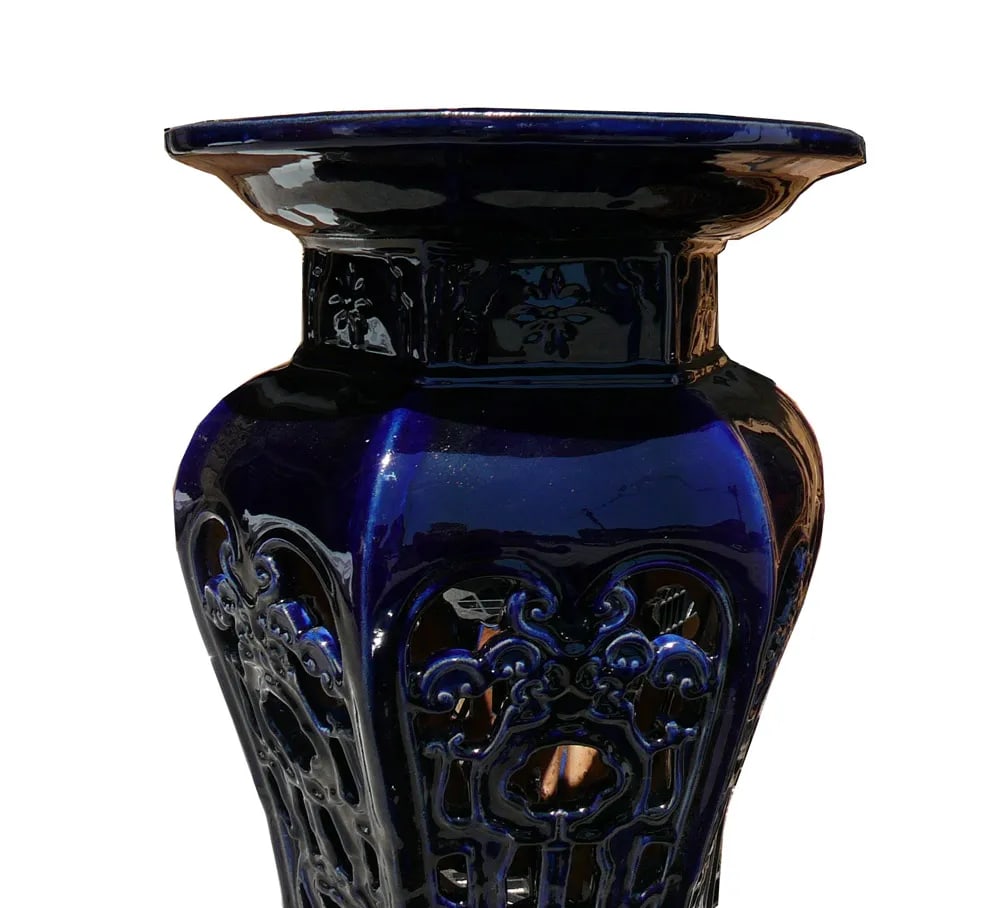 Ceramic Clay Navy Blue Round Tall Pedestal Stand - 4