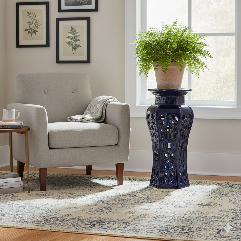 Ceramic Clay Navy Blue Round Tall Pedestal Stand - 5