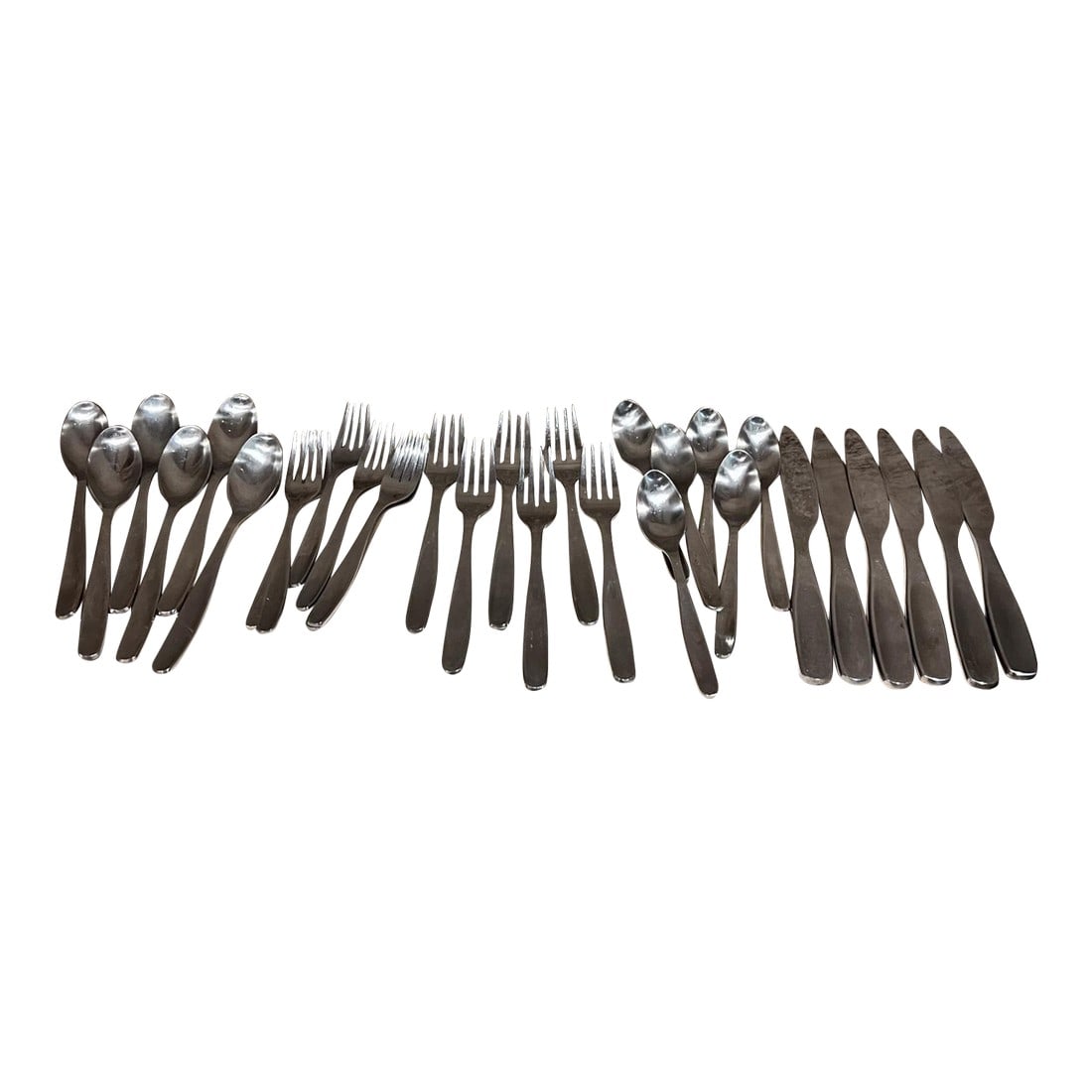 30 Piece Gourmet Stainless Flatware Midcentury Modern Service Six: AMBIANIC presents Modern Gourmet Settings Stainless Flatware Set Service for SixÂ 30 piece Spoon 1 h x 1.5 w x 8 long Knife .38 h x 1 w x 9.5 long Fork 1 h x 1.13 w x 8 long Soup spoon 1 h