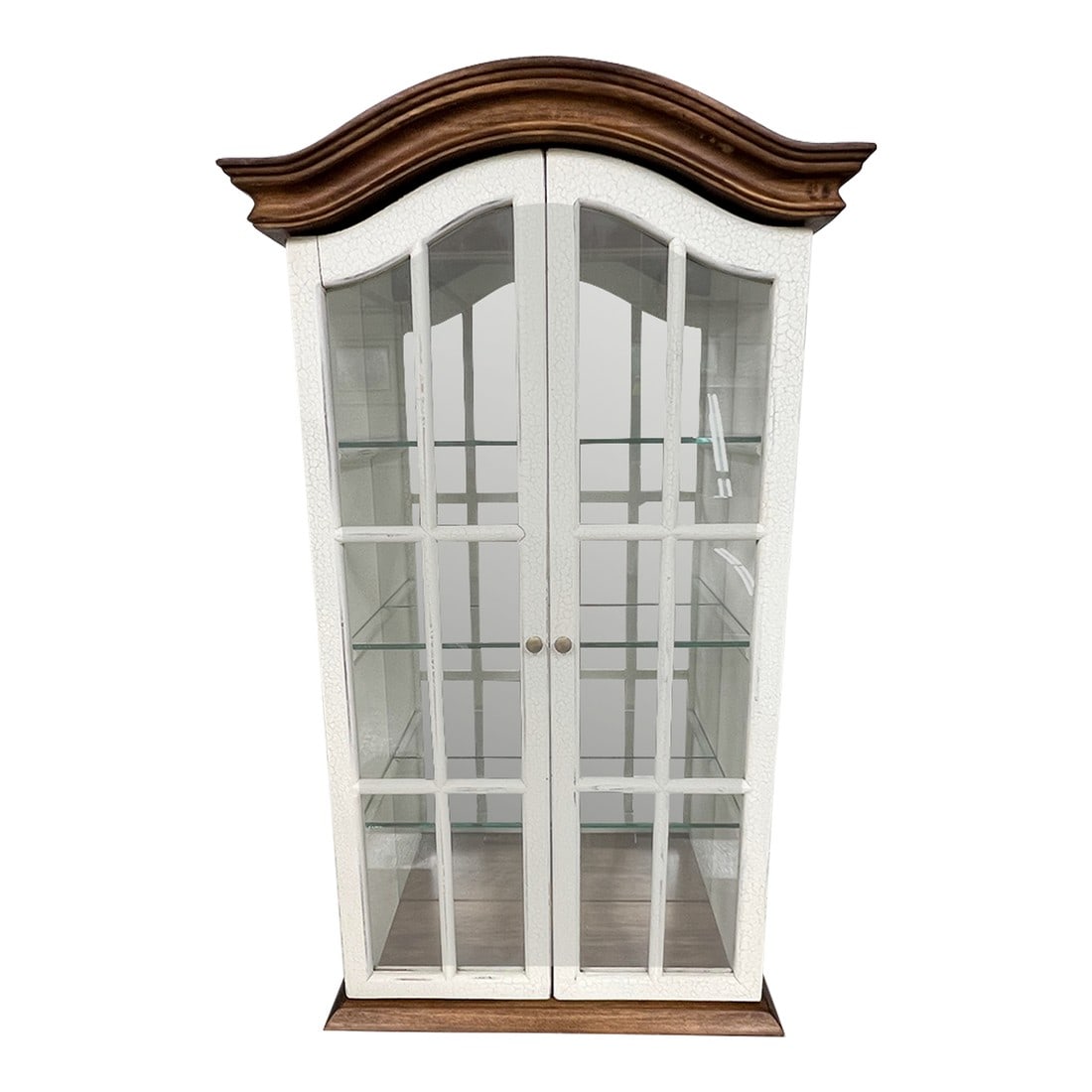 Arch Top Wall Hanging / Tabletop Three Glass Shelf Curio Cabinet: Arch top wall hanging or tabletop curio cabinet with 3 removable glads shelves and mirrored inner back. Painted body has intentional crazing and minor intentional distressed. 6" between shelves x 6"