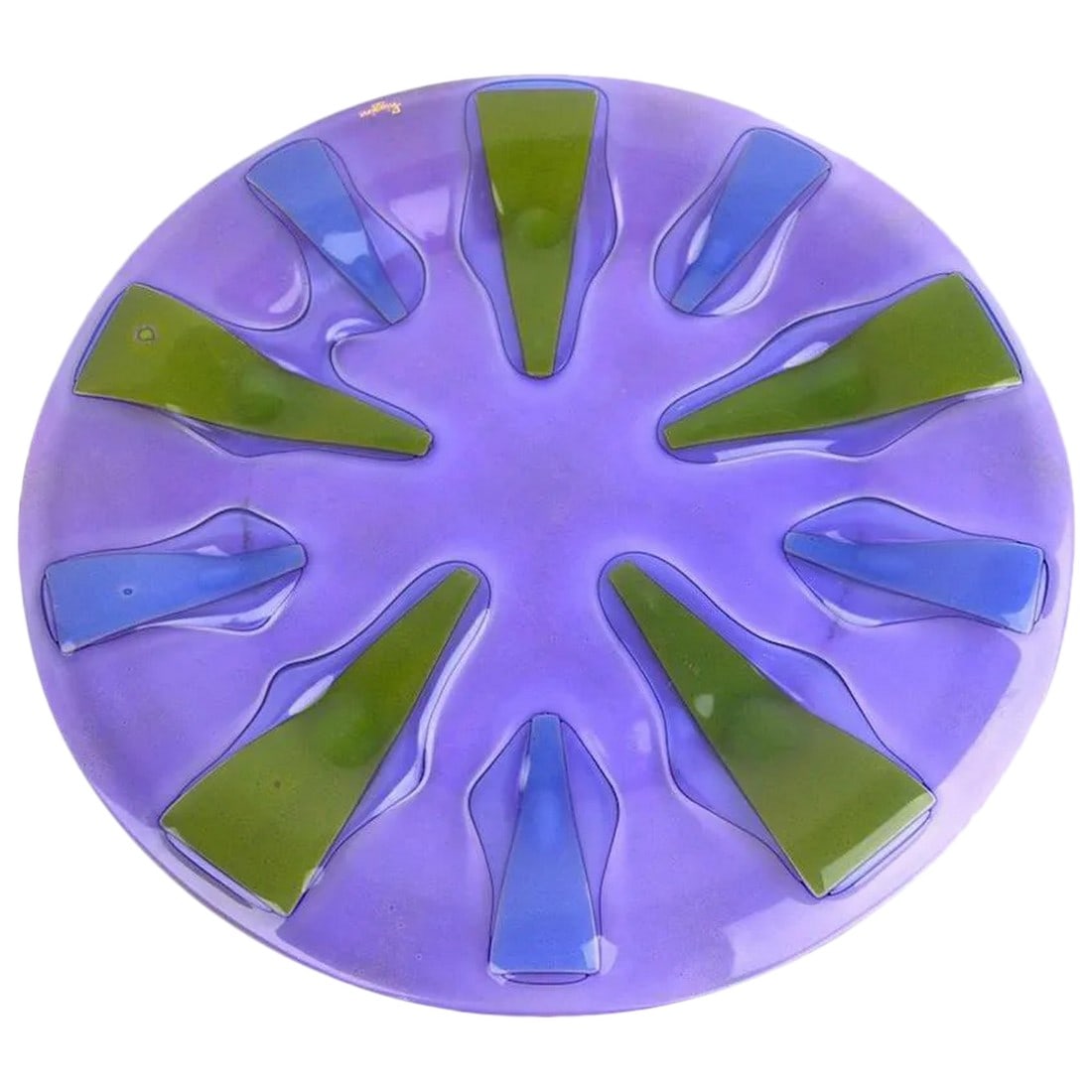Modernist Glass Plate by Higgins: Large glass plate, or charger, by recognized midcentury master Higgins (Michael and Francis). Nice clean signed example, free of damage or condition issues. Condition: Alterations: Original