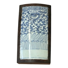 Chinese Old White Base Blue Scroll Flowers Porcelain Brown Wood Box