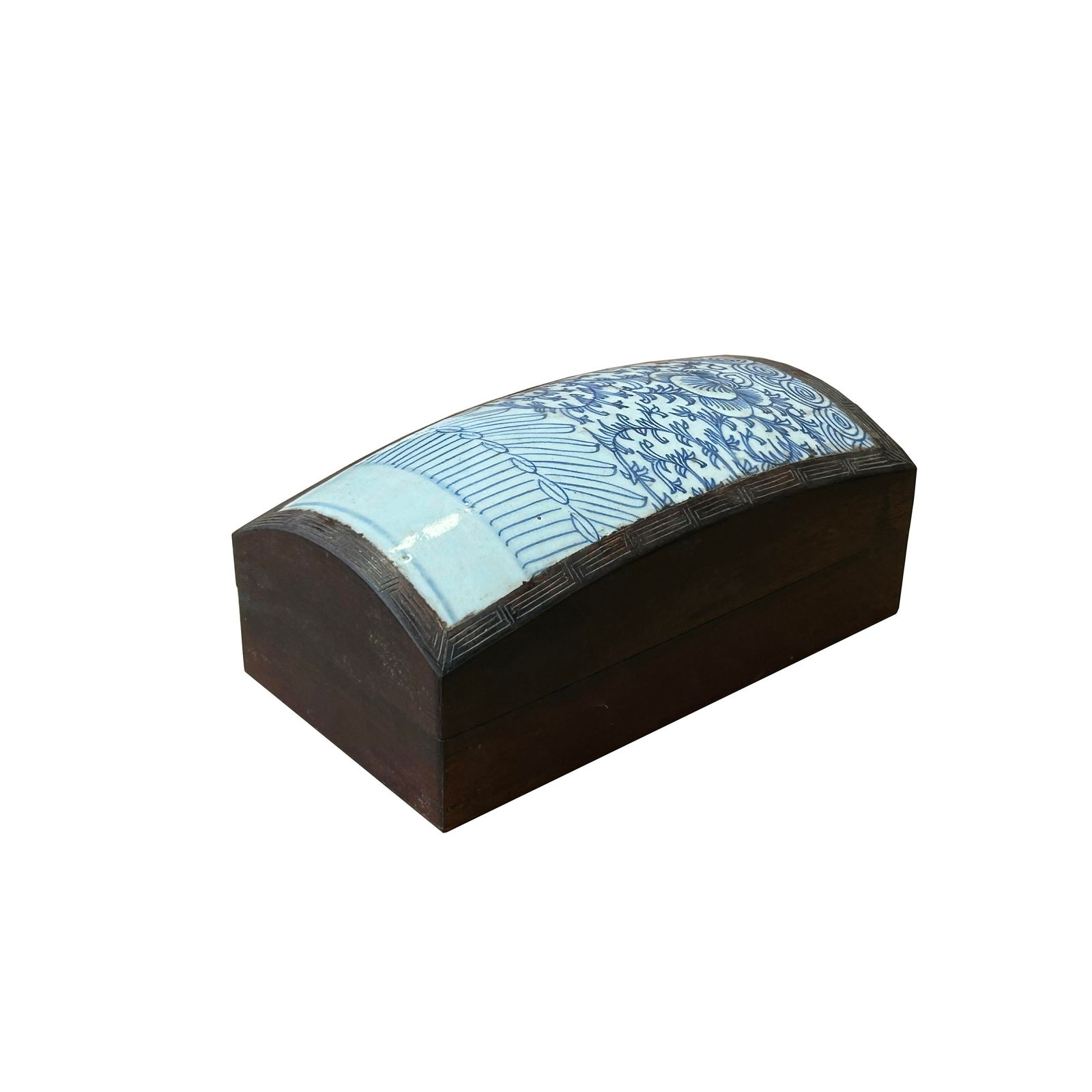 Chinese Old White Base Blue Scroll Flowers Porcelain Brown Wood Box - 3