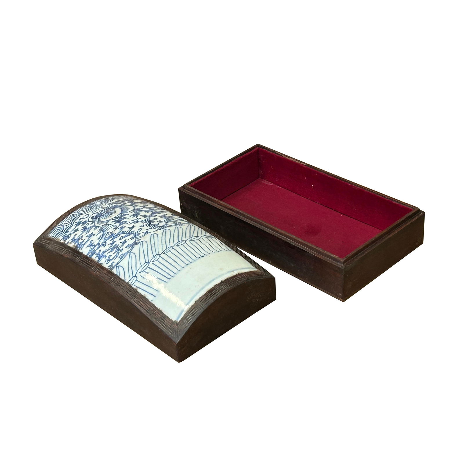 Chinese Old White Base Blue Scroll Flowers Porcelain Brown Wood Box - 4