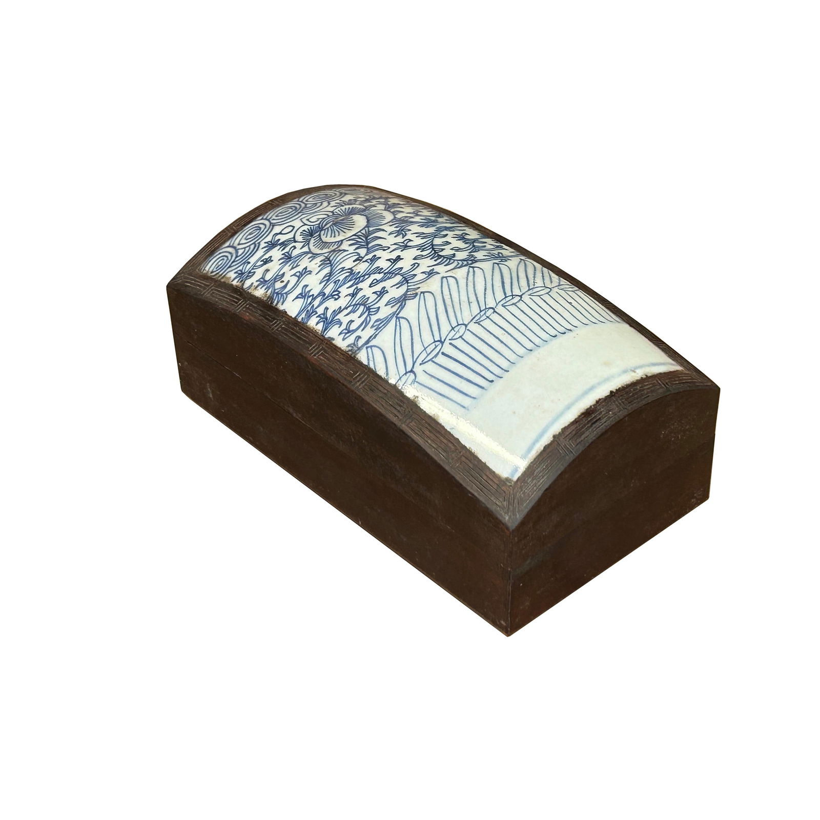 Chinese Old White Base Blue Scroll Flowers Porcelain Brown Wood Box - 6