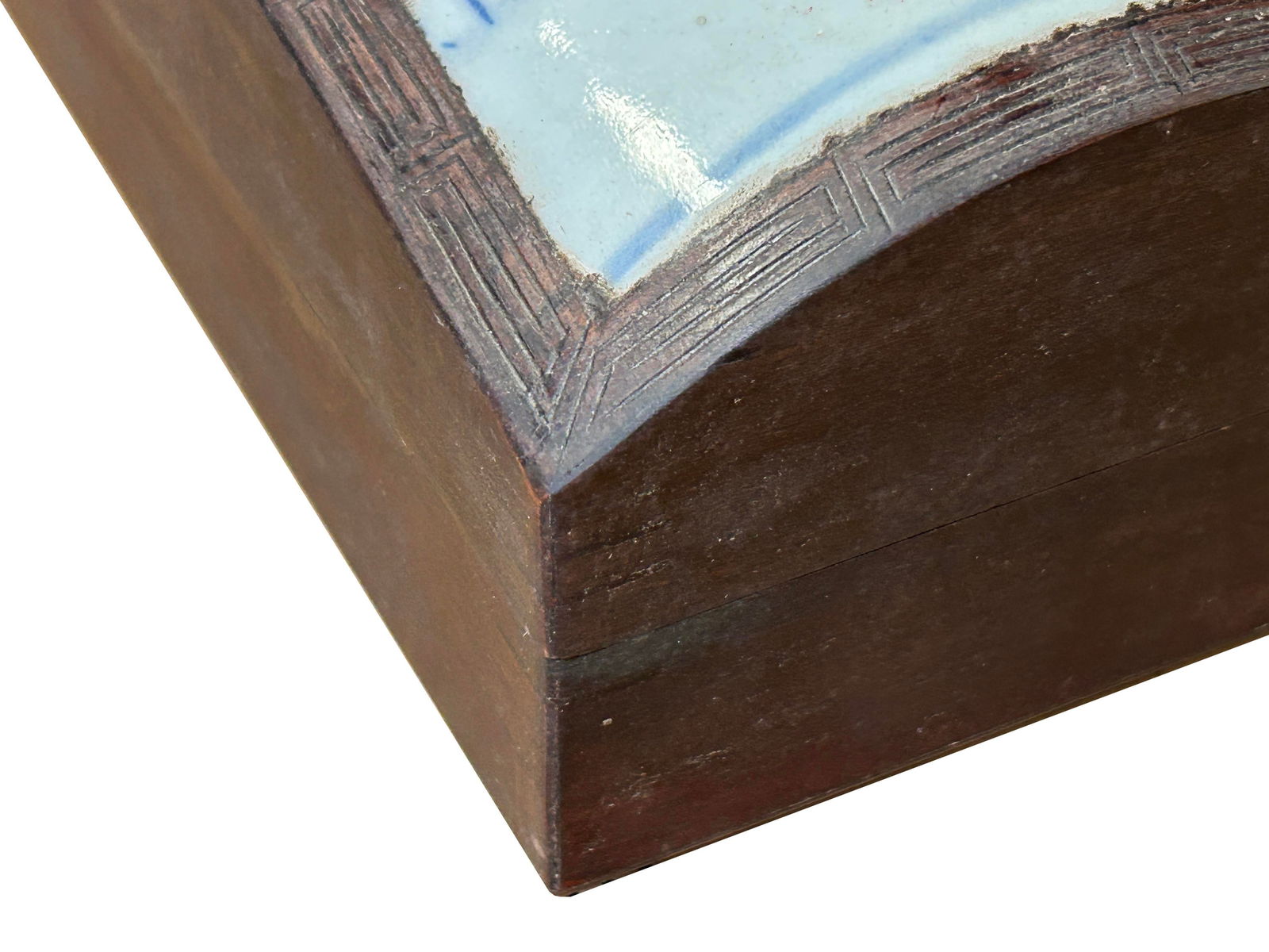 Chinese Old White Base Blue Scroll Flowers Porcelain Brown Wood Box - 7