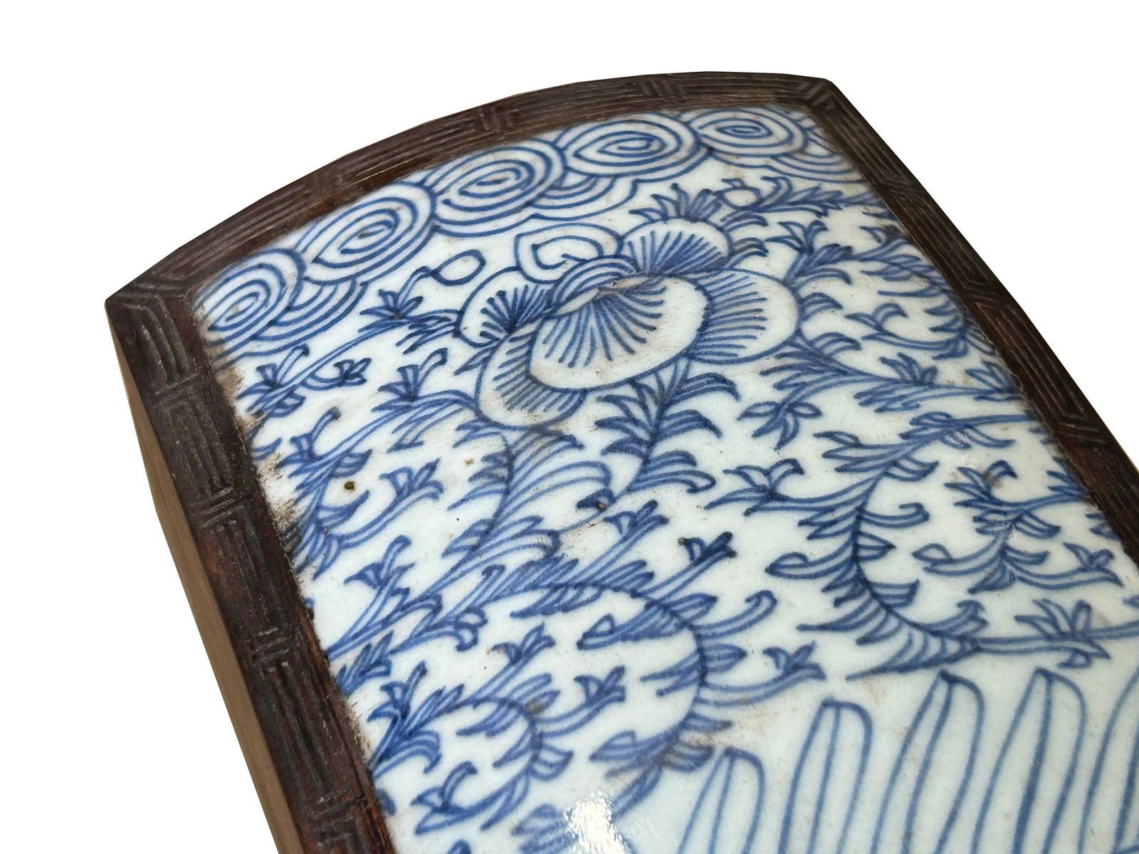 Chinese Old White Base Blue Scroll Flowers Porcelain Brown Wood Box - 8