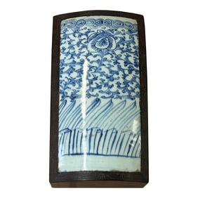 Chinese Old White Base Blue Scroll Flowers Porcelain Brown Wood Box