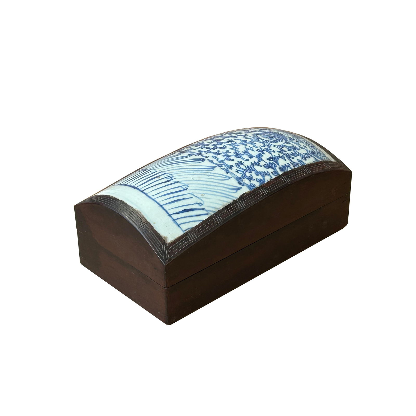 Chinese Old White Base Blue Scroll Flowers Porcelain Brown Wood Box - 3