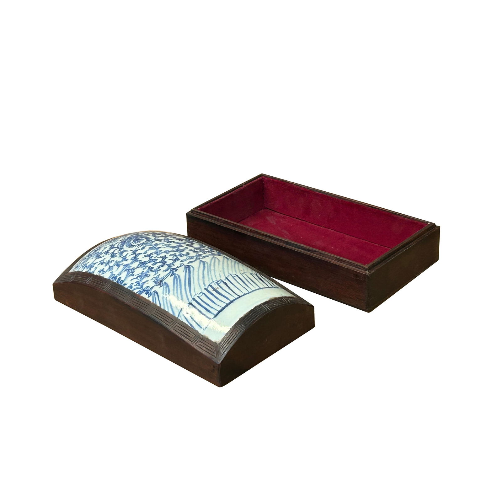 Chinese Old White Base Blue Scroll Flowers Porcelain Brown Wood Box - 4