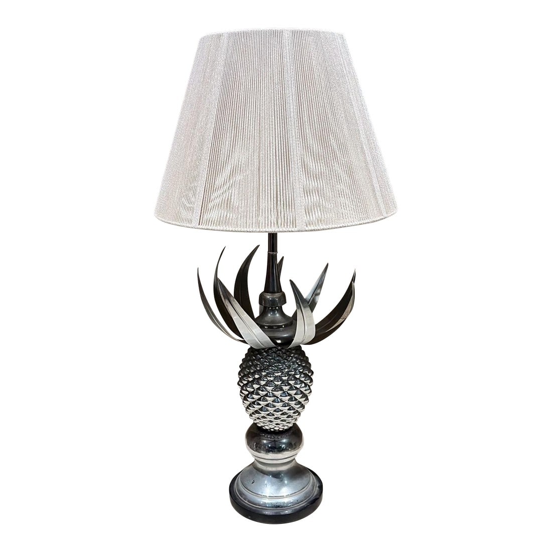 1970s Hollywood Regency Pineapple Table Lamp: AMBIANIC presents 1970s Hollywood Regency Table lamp in the shape of a Pineapple. 36 x 14 diameter Black wood base. In the style of Maison Charles-Jansen Paris Unmarked Original Preowned Vintage