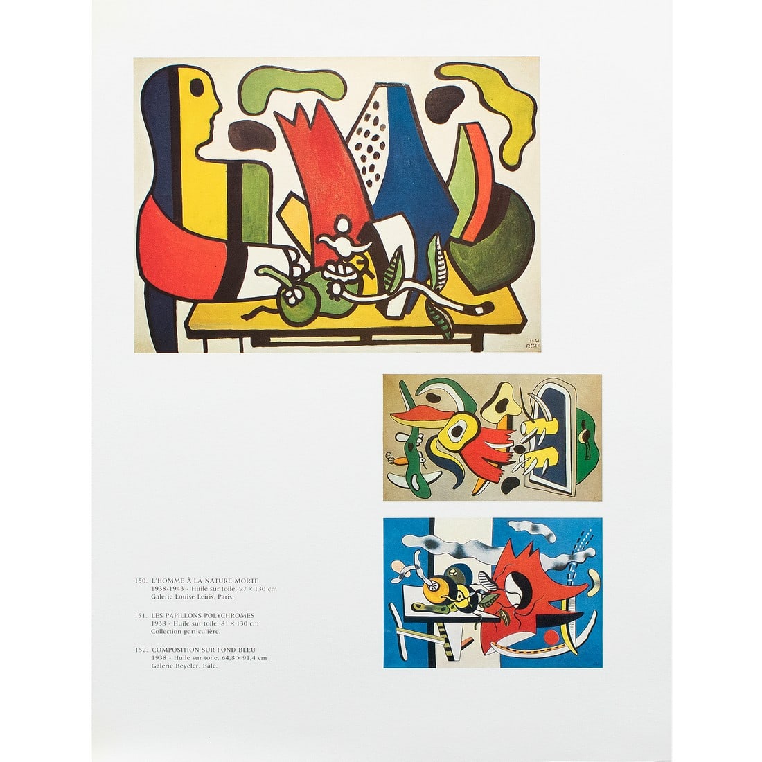 1990 After F. Leger "The Man in Still Life", "Polychrome Butterflies", "Composition", Full-Color Pri: Set of 3 excellent small full-color prints after the paintings "The Man in Still Life", "Polychrome Butterflies" and "Composition on Blue Background" (1938) by Fernand Leger. Published by New French