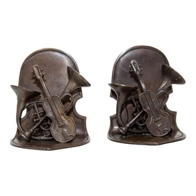 Musical Violin and Horn Sculpture Cast Metal Bookends Vintage Circa 1950's