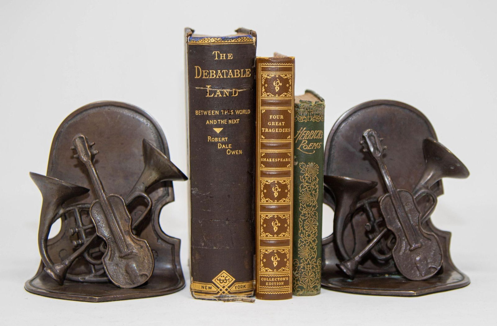 Musical Violin and Horn Sculpture Cast Metal Bookends Vintage Circa 1950's - 2