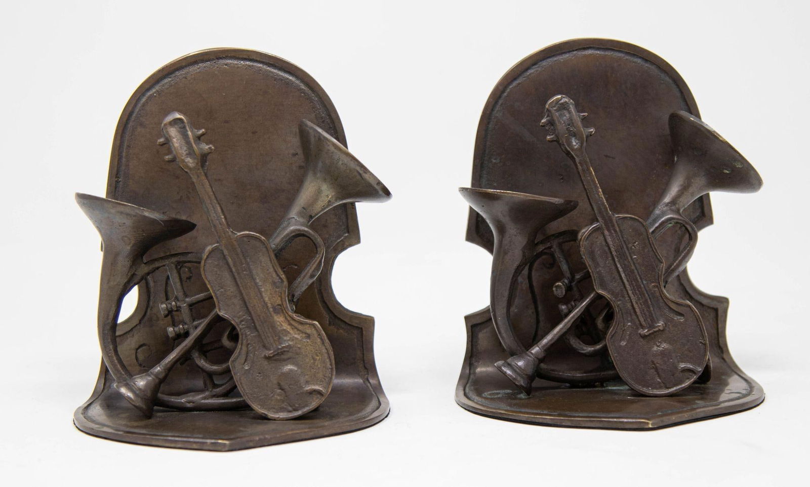 Musical Violin and Horn Sculpture Cast Metal Bookends Vintage Circa 1950's - 8