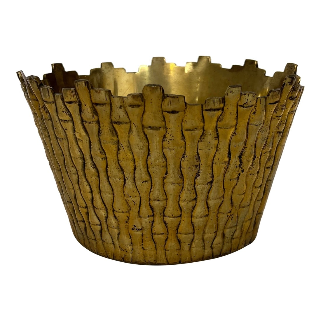 Mid Century Brass Bamboo Cachepot: Mid century brass bamboo cachepot Minor tarnish. Nice heavy weight. Measures 6" w x 5" d x 4"h. Marked India. Condition: Alterations: Original Condition Unaltered Imperfections: Some