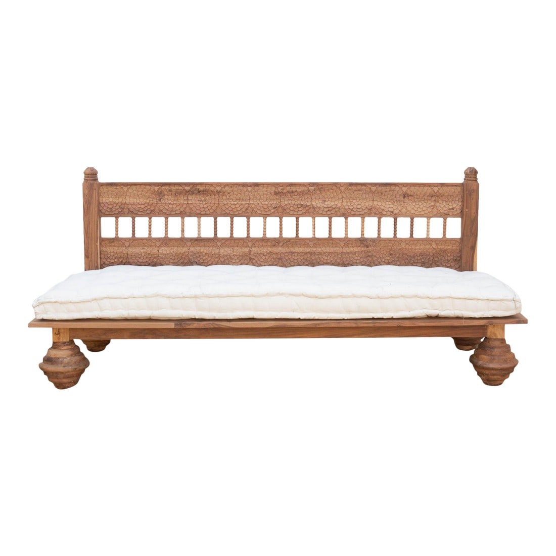 Natural Lotus Floral Reclaimed Wood Daybed: Inviting both relaxation and conversation, this magnificent lounge daybed sofa is a masterpiece of handcrafted comfort and sustainable style. Constructed from reclaimed teak with a natural wood