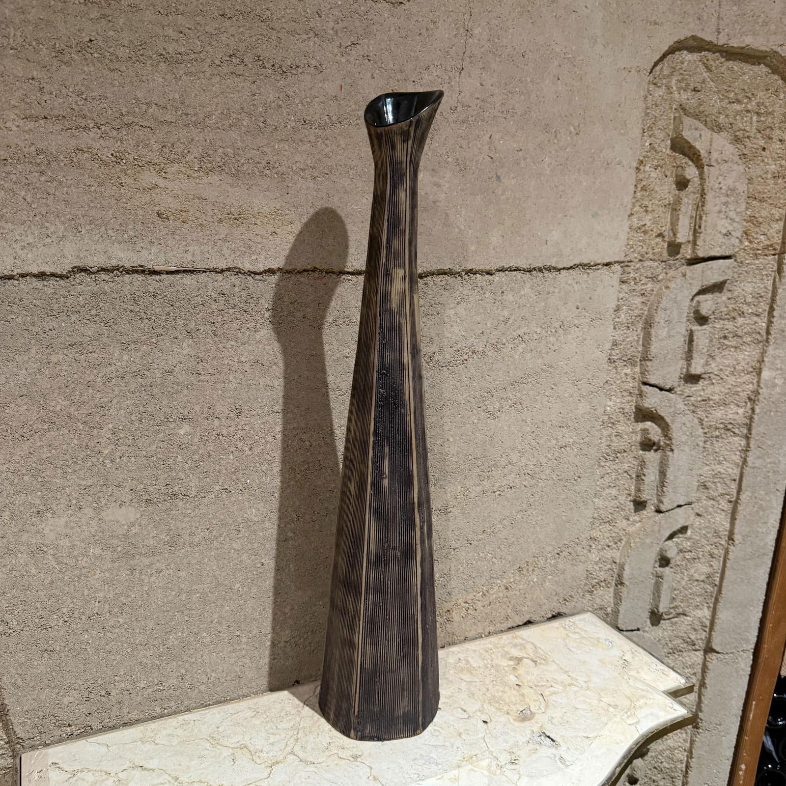 Elongated Modern Textured Vase Art Pottery Black & White - 13