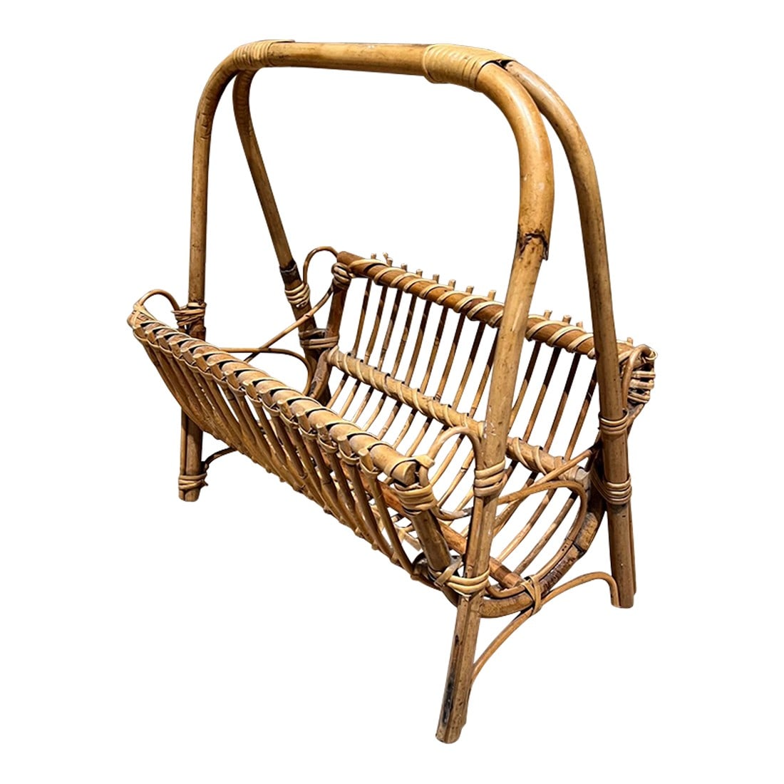 1950s Fabulous Wicker Rattan Magazine Rack Style Franco Albini: For your consideration, a fabulous wicker or rattan woven magazine rack in the style of Franco Albini. France circa the 1950s. Unmarked Dimensions: 20 H x 18 W x 12.5 D Preowned original vintage