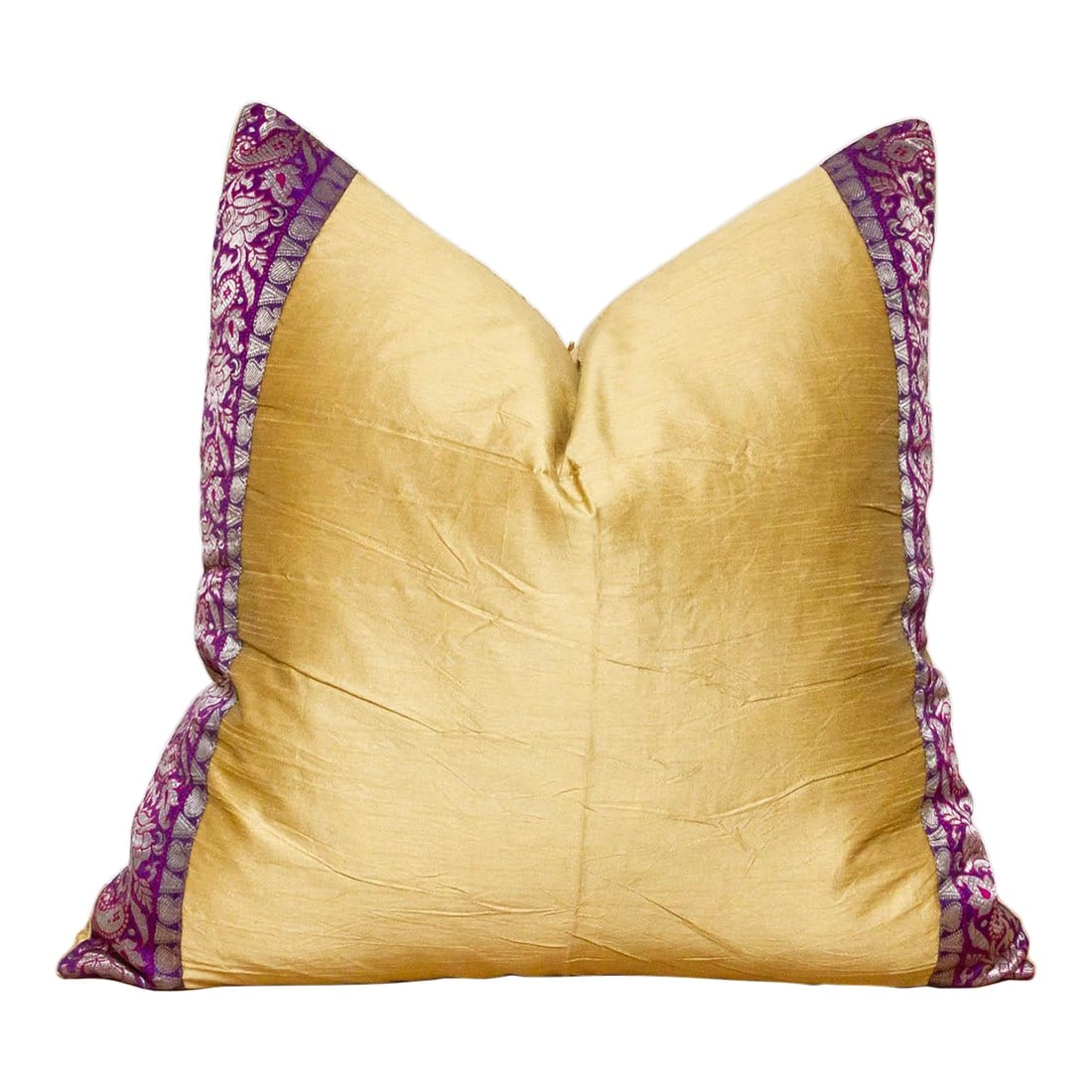 Sandy Gold Festive Silk Euro Pillow Cover: This brilliant silk euro pillow is a luxurious addition to any living room. Made out of silk with intricate borders of this jewel-toned pillow are made with a one-of-a-kind antique lacing. Pillow