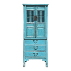 Distressed Aqua Blue Slim Wood Carving Shutter Doors Storage Cabinet