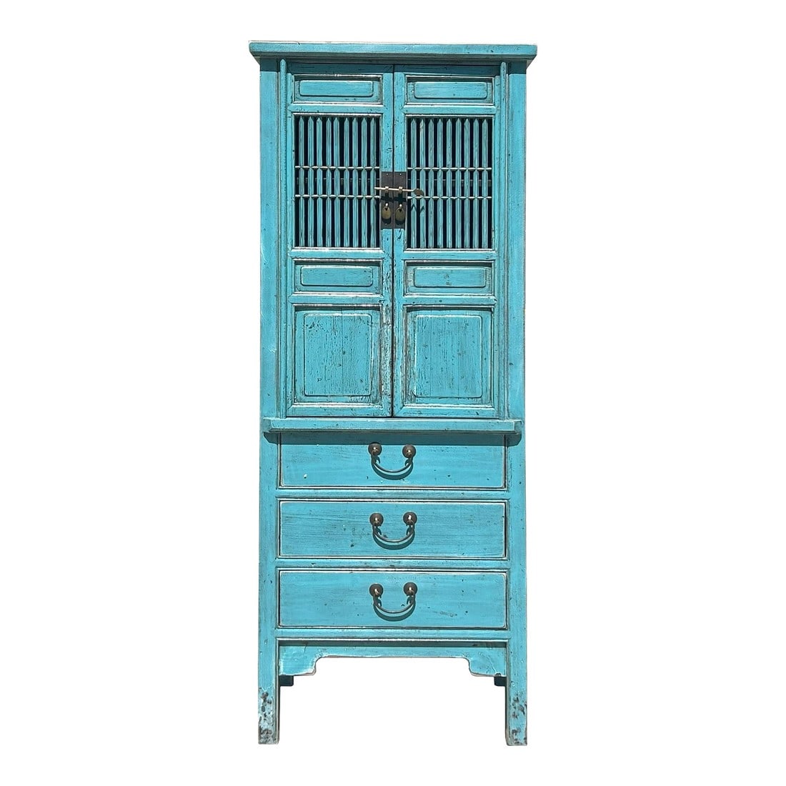 Distressed Aqua Blue Slim Wood Carving Shutter Doors Storage Cabinet (1 of 5)