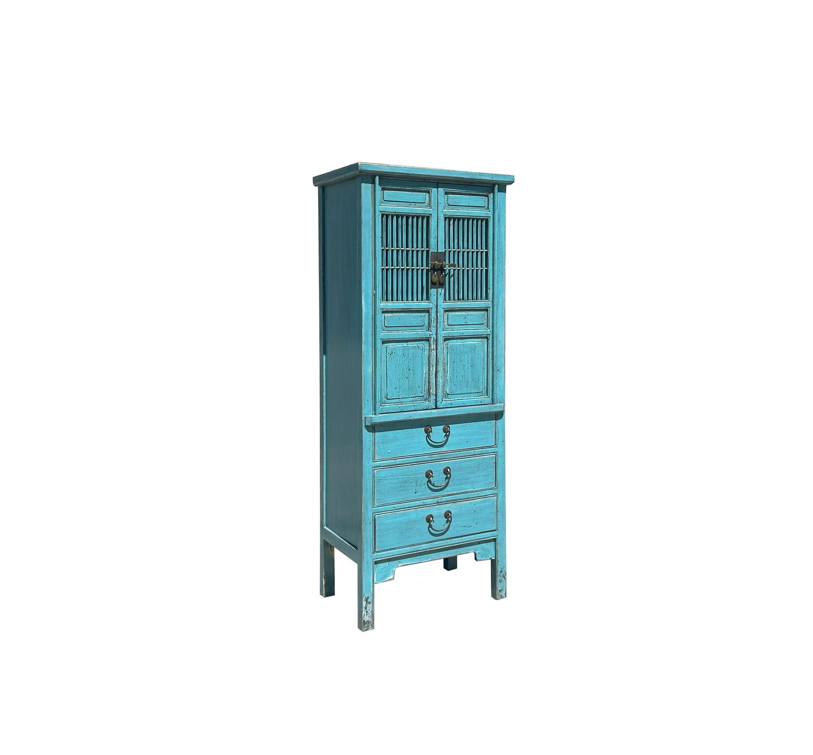 Distressed Aqua Blue Slim Wood Carving Shutter Doors Storage Cabinet - 2