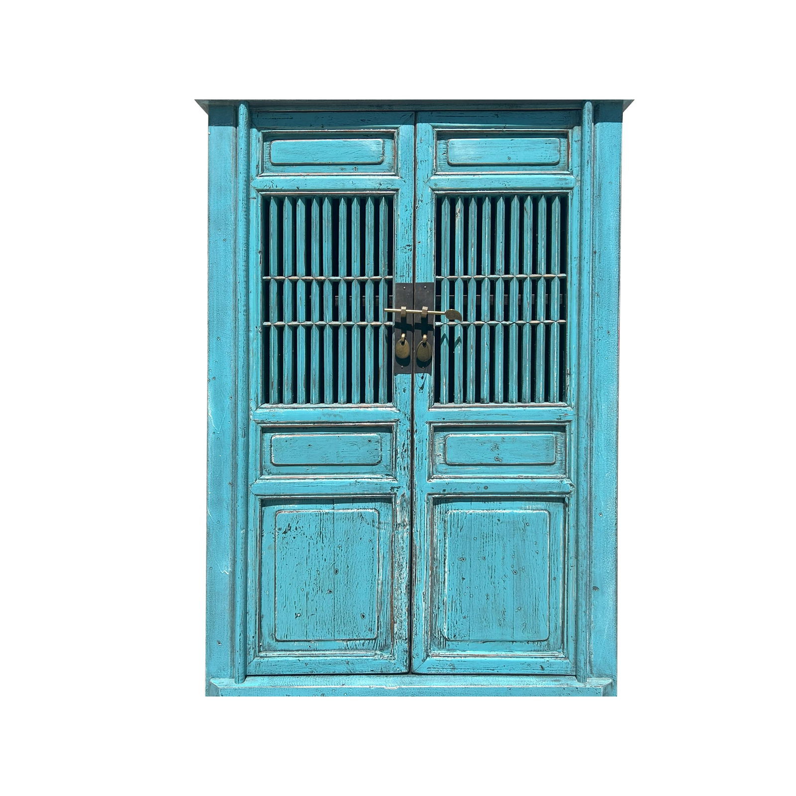 Distressed Aqua Blue Slim Wood Carving Shutter Doors Storage Cabinet - 5