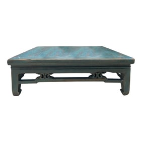 Chinese Distressed Turquoise Aqua Blue Low Square Coffee Table