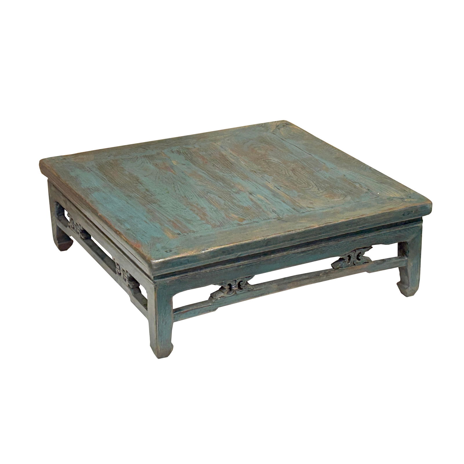 Chinese Distressed Turquoise Aqua Blue Low Square Coffee Table - 3