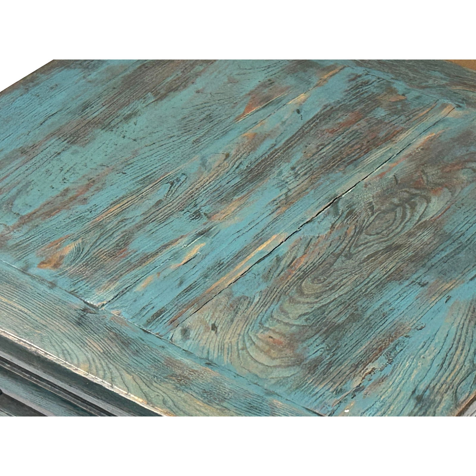 Chinese Distressed Turquoise Aqua Blue Low Square Coffee Table - 7