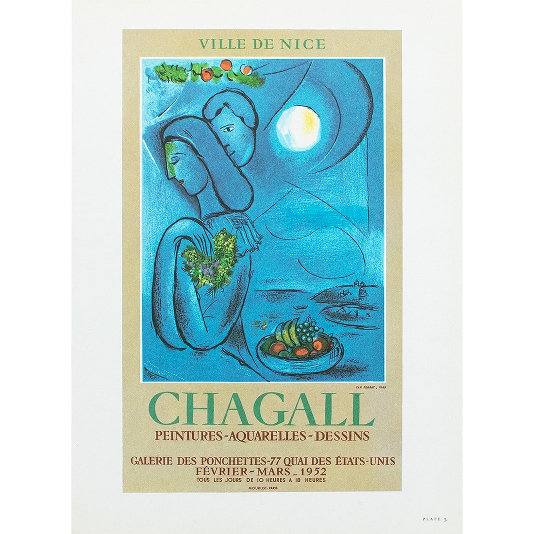 1966 After M. Chagall, "Paintings, Watercolors, Drawings - Ponchettes Gallery 1952 Exhibit" Poster: An excellent offset lithographic poster after Marc Chagall poster for "Paintings, Watercolors, Drawings - Ponchettes Gallery 1952 Exhibit (Galerie des Ponchettes 1952 - Peintures, Aquarelles, Dessins)
