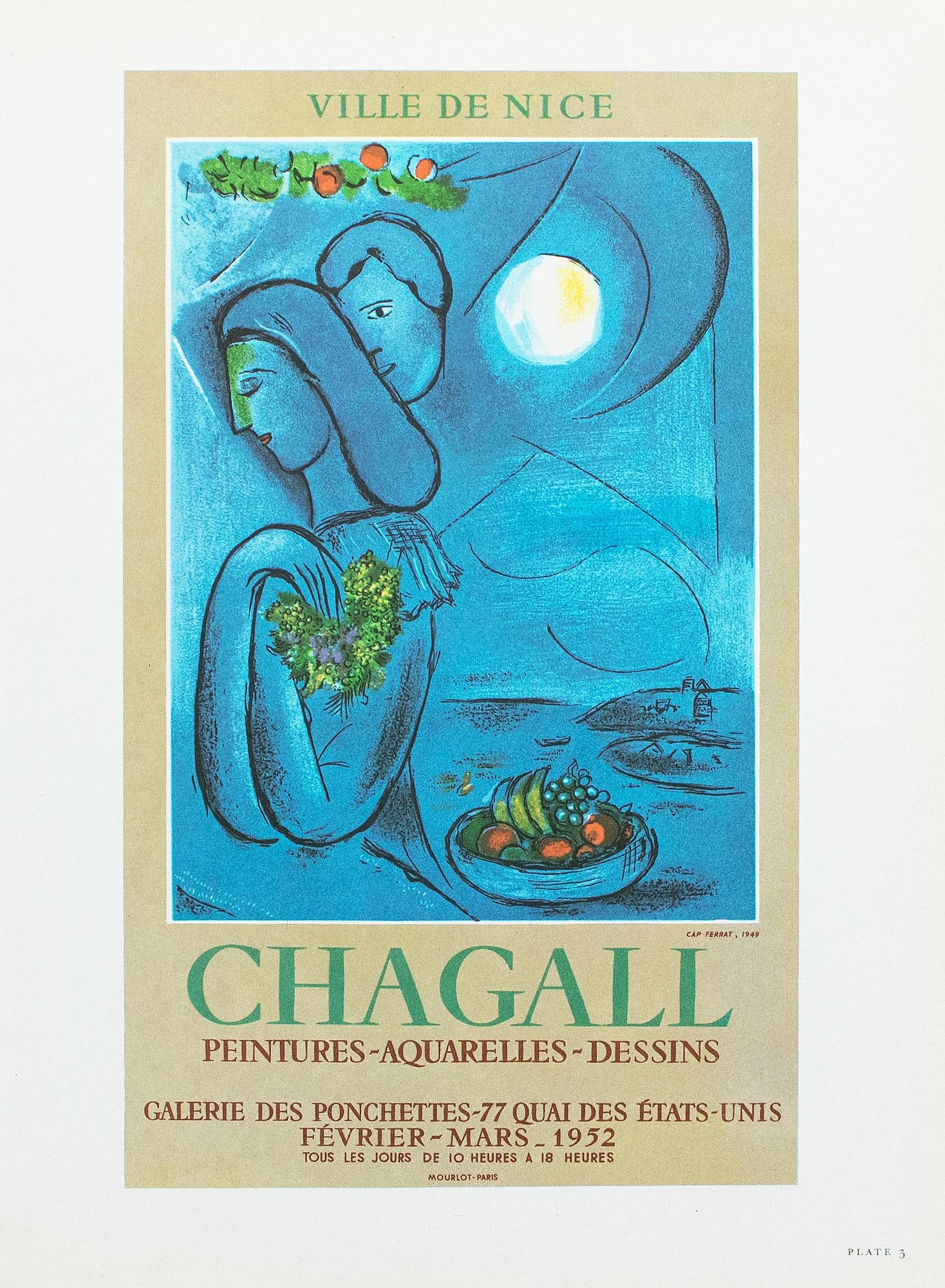 1966 After M. Chagall, "Paintings, Watercolors, Drawings - Ponchettes Gallery 1952 Exhibit" Poster - 2