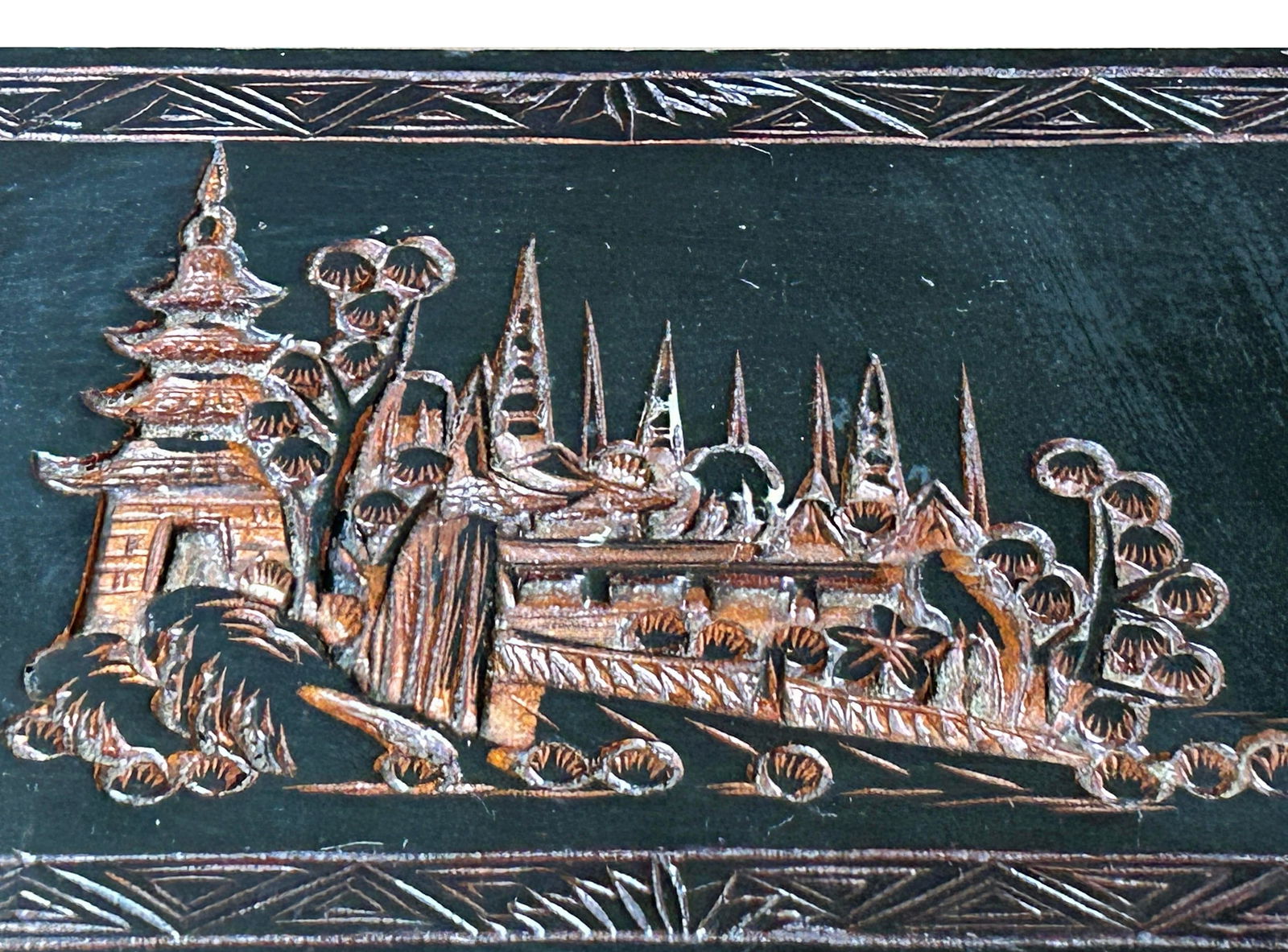 Vintage Asian Black Copper Color Scenery Motif Storage Accent Box - 11