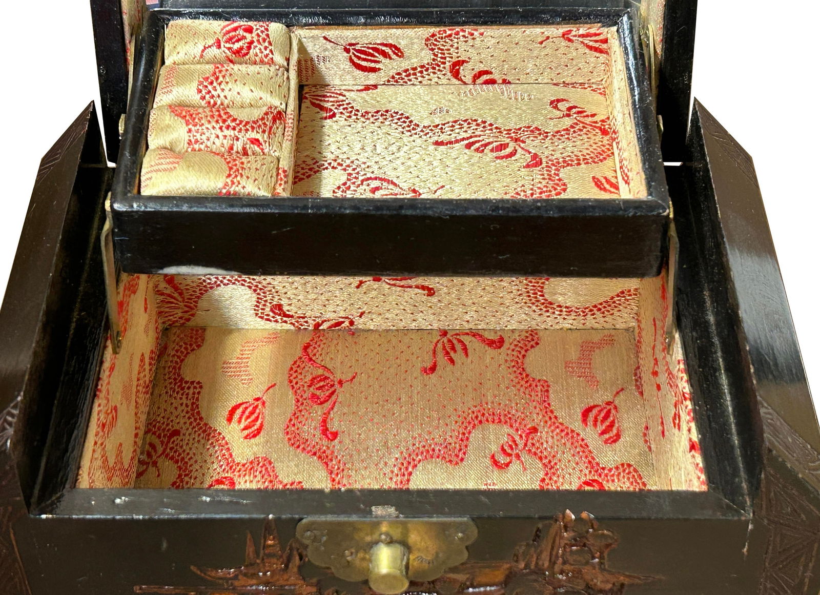 Vintage Asian Black Copper Color Scenery Motif Storage Accent Box - 12