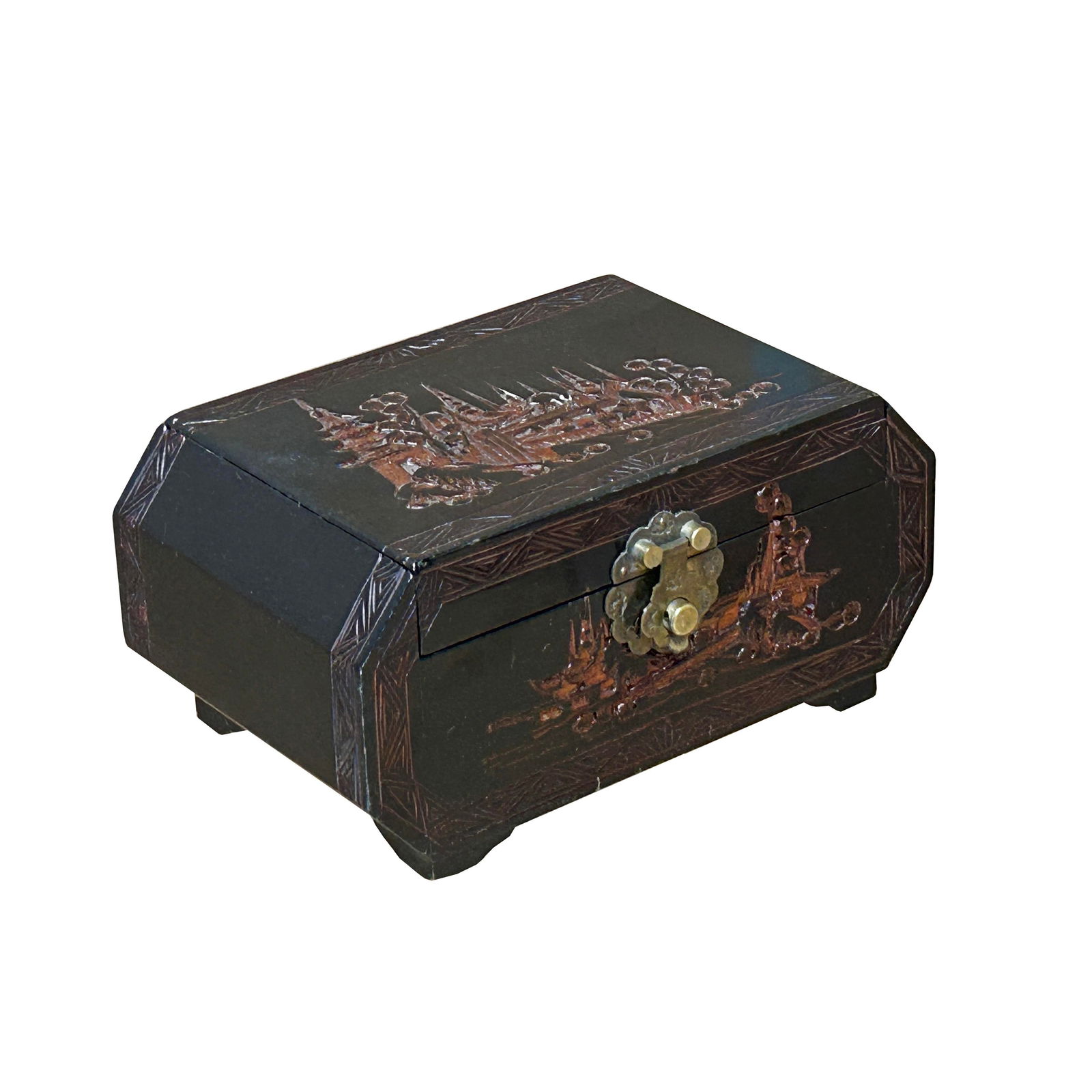 Vintage Asian Black Copper Color Scenery Motif Storage Accent Box - 2