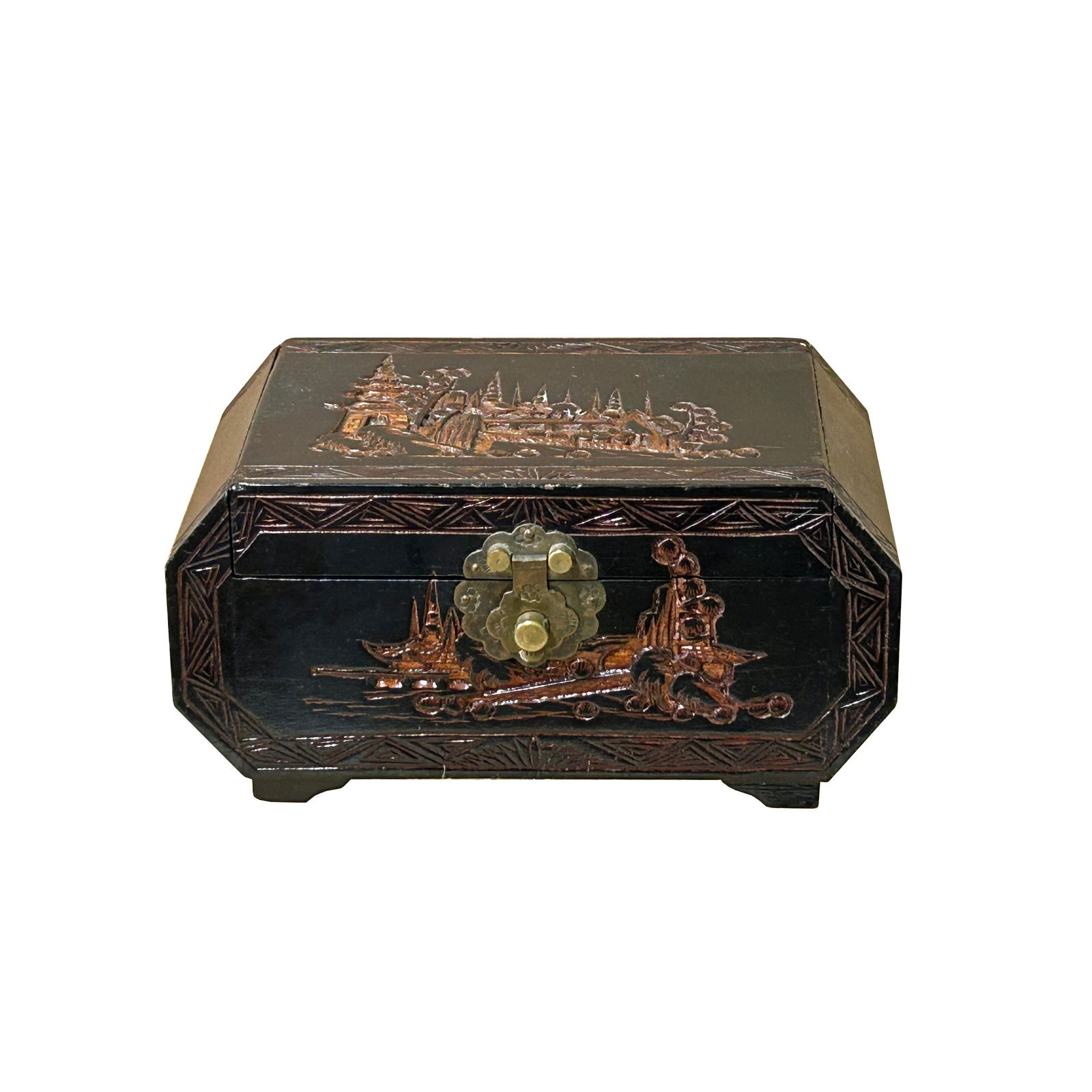 Vintage Asian Black Copper Color Scenery Motif Storage Accent Box - 4